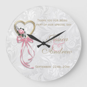 Grande Horloge Ronde Rose Romantique, Cœur d'Or et Ruban Rose