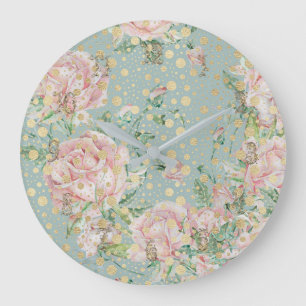 Grande Horloge Ronde Rose rose turquoise or pois pois motif floral