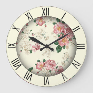 Grande Horloge Ronde Rose sur Vintage jaune chiffres romains floraux