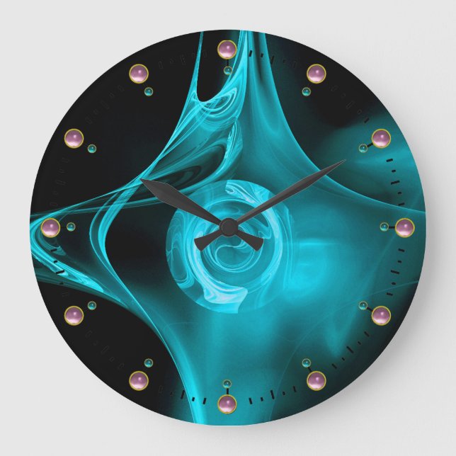 GRANDE HORLOGE RONDE ROSE TEAL BLUE FRACTAL EN NOIR, ROSE GEMSTONES (Recto)