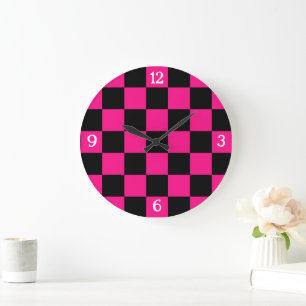 Grande Horloge Ronde Rose vif à carreaux noirs géométrique rétro avec d