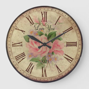 Grande Horloge Ronde Rose vintage avec texte personnel