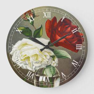 Grande Horloge Ronde Roses de jardin vintages dans un vase de verre