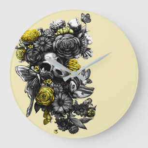 Grande Horloge Ronde Roses et papillons de nuit - noir et jaune