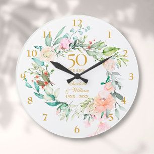 Grande Horloge Ronde Roses Fleurales 50e Anniversaire de Mariage