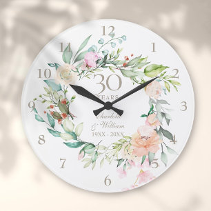 Grande Horloge Ronde Roses Fleurales du 30e Anniversaire de Mariage de 
