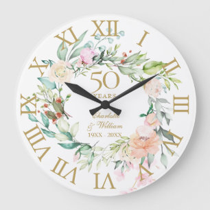 Grande Horloge Ronde Roses Fleurs de Mariage de 50e Anniversaire de Mar