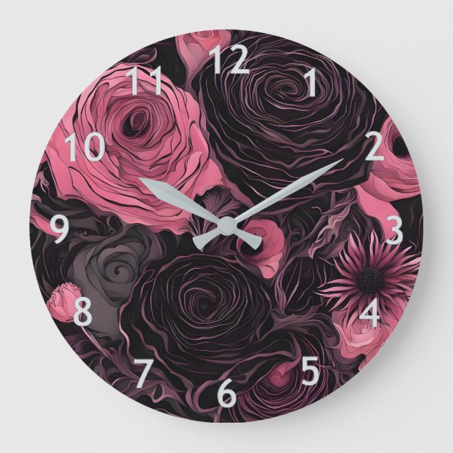 Grande Horloge Ronde Roses romantiques roses et noirs gothiques (Recto)