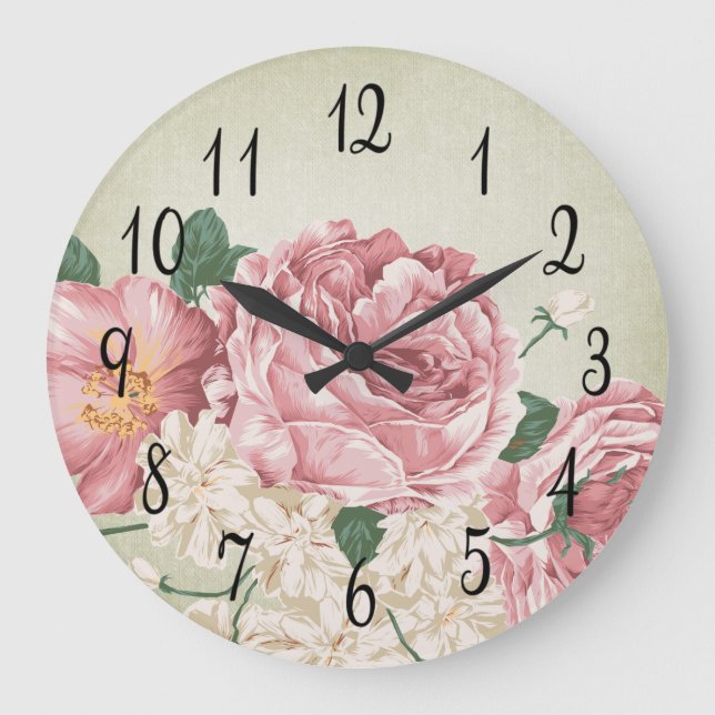 Grande Horloge Ronde Roses roses et blancs romantiques (Recto)