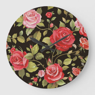Grande Horloge Ronde Roses roses roses : motif floral élégant.