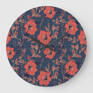 Grande Horloge Ronde Roses rouges Peonies Arrière - plan foncé