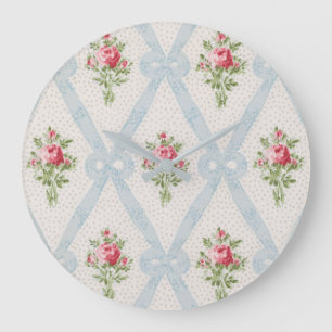 Grande Horloge Ronde Roses victoriens roses avec treillis à ruban bleu