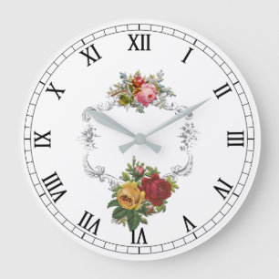 Grande Horloge Ronde Roses vintages français élégants avec le cadre en