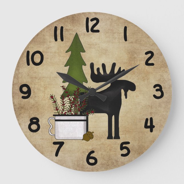 Grande Horloge Ronde Rostic Country Mountain Silhouette Moose (Recto)
