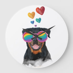 Grande Horloge Ronde Rottweiler Chien avec Coeurs Saint-Valentin