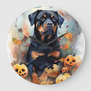 Grande Horloge Ronde Rottweiler d'Halloween avec citrouilles effrayant