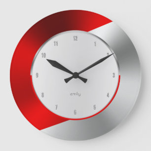 Grande Horloge Ronde Rouge & Argent Moderne Métallurgique Design géomét
