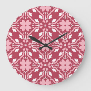 Grande Horloge Ronde Rouge, beige à fleurs, papier peint motif sans cou