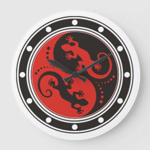 Grande Horloge Ronde Rouge de noir de Geckos de YIN et de YANG + votre