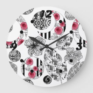 Grande Horloge Ronde Rouge et Noir, Patchwork, Patchwork, Rustique, Mod