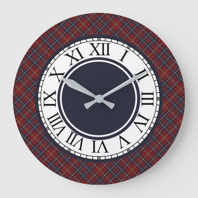 Grande Horloge Ronde Rouge foncé rustique et bleu marine plaid (Recto)