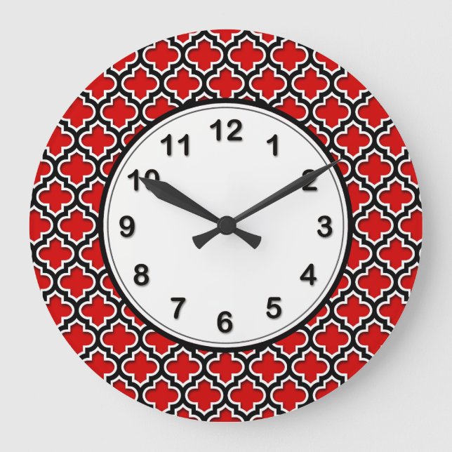 Grande Horloge Ronde Rouge noir blanc Marocain Quatrefoil Motif #5DS (Recto)