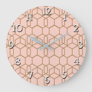 Grande Horloge Ronde Rouge pêche et or Moderne Boho Géométrique Glam