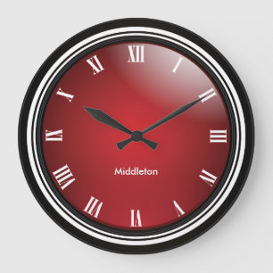 Grande Horloge Ronde Rouge profond, noir et blanc avec des chiffres rom