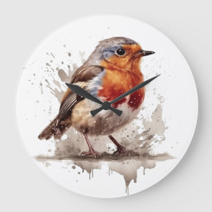 Grande Horloge Ronde Rouge rouge de l'oiseau mignon en aquarelle