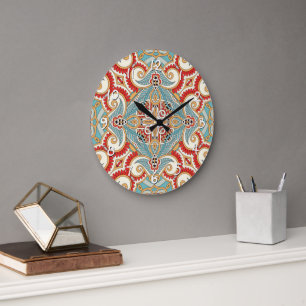 Grande Horloge Ronde Rouge Turquoise gris bleu soleil jaune kaléidosco