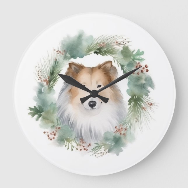 Grande Horloge Ronde Rough Collie Christmas Wreath Festive Pup (Recto)