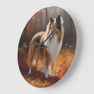 Grande Horloge Ronde Rough Collie dans les feuilles d'automne qui tombe