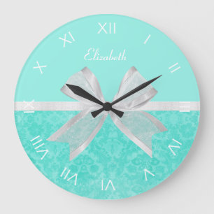 Grande Horloge Ronde Ruban blanc d'Aqua de damassé Girly de turquoise