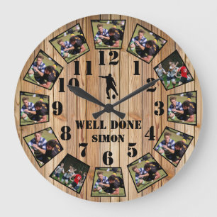 Grande Horloge Ronde Rugby Wooden Effect Personalise Photo Collage Larg