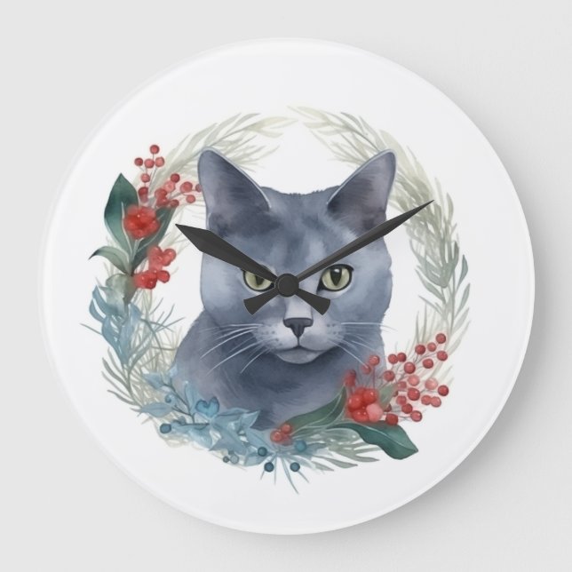 Grande Horloge Ronde Russe Blue Chat Noël Wreath Festive Kitten (Recto)
