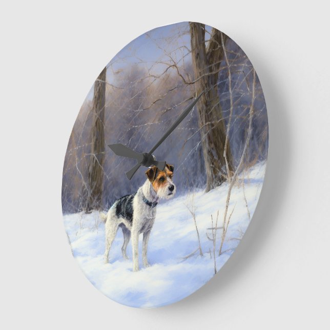Grande Horloge Ronde Russell Terrier Laisser neiger Noël (Angle)