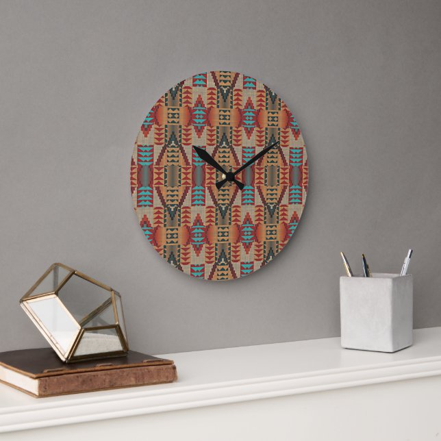 Grande Horloge Ronde Rust Orange Brown Turquoise Turquoise Blue Tribal  (Bureau)