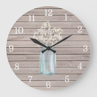 Grande Horloge Ronde Rustic Baby Breath Mason Jar Clock