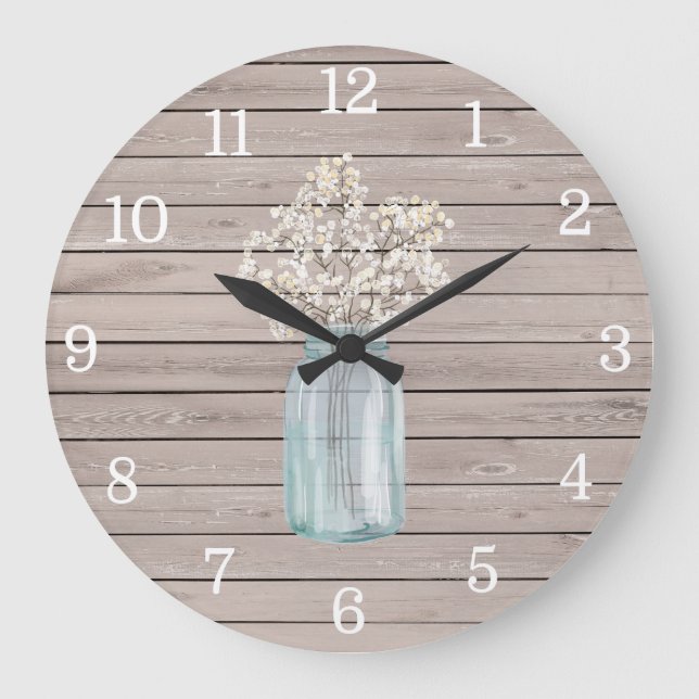 Grande Horloge Ronde Rustic Baby Breath Mason Jar Clock (Recto)