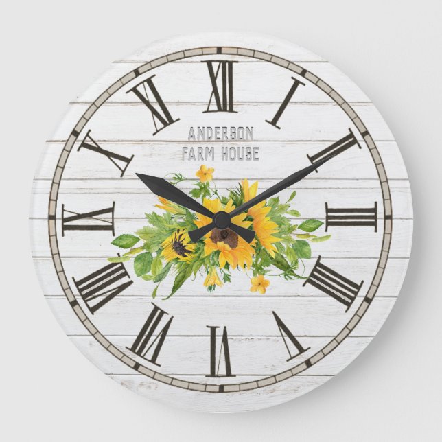Grande Horloge Ronde Rustic Barn White Grey Wood Sunflowers (Recto)