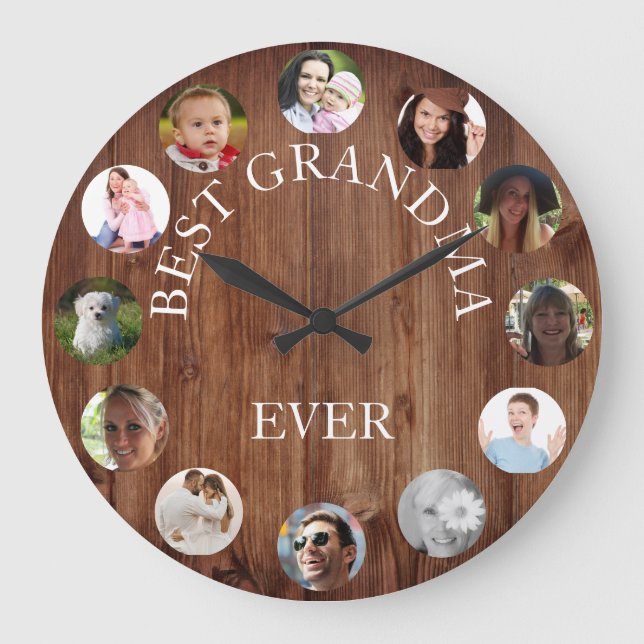 Grande Horloge Ronde Rustic Best Grandma Ever Photo Collage Wood (Recto)