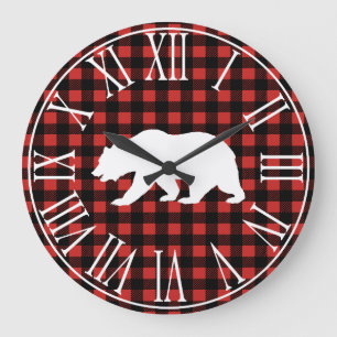 Grande Horloge Ronde Rustic Buffalo Check Plaid & White Bear Silhouette