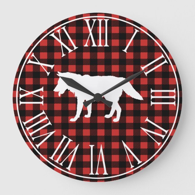 Grande Horloge Ronde Rustic Buffalo Check Plaid & White Wolf Silhouette (Recto)