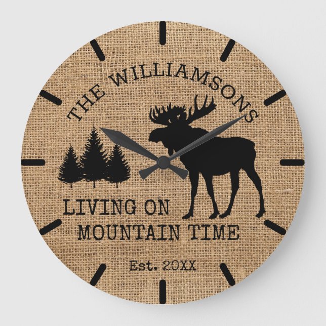 Grande Horloge Ronde Rustic Country Burlap Living Mountain Time Moose (Recto)