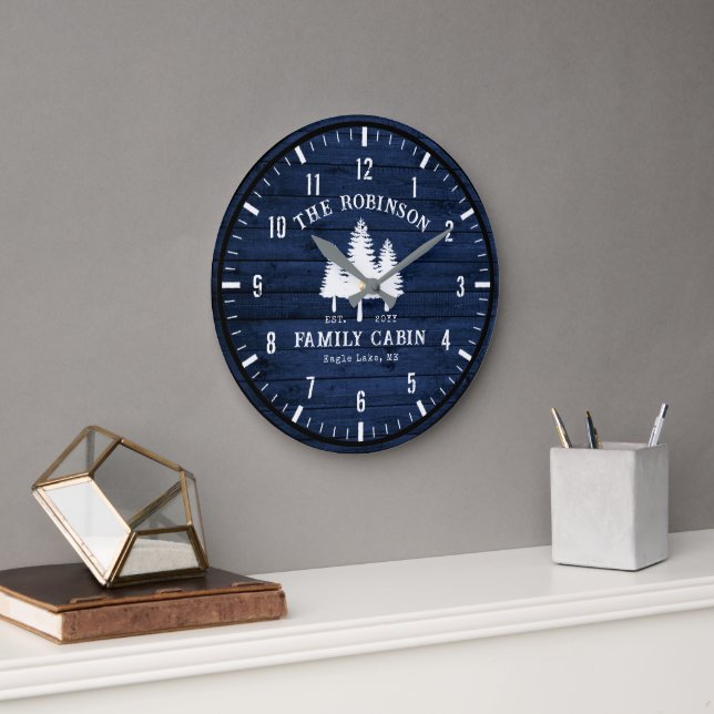 Grande Horloge Ronde Rustic Country Family Cabine Arbres Blue Wood Impr (Bureau)