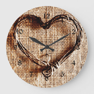 Grande Horloge Ronde Rustic Country Twine Heart on Burlap Imprimer