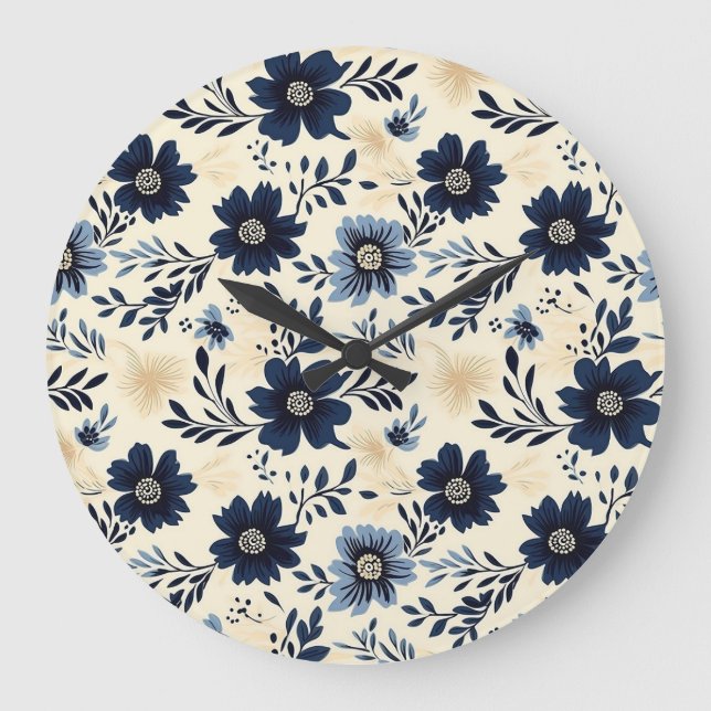 Grande Horloge Ronde Rustic Dark Blue Beige Flower Folk Art Print (Recto)