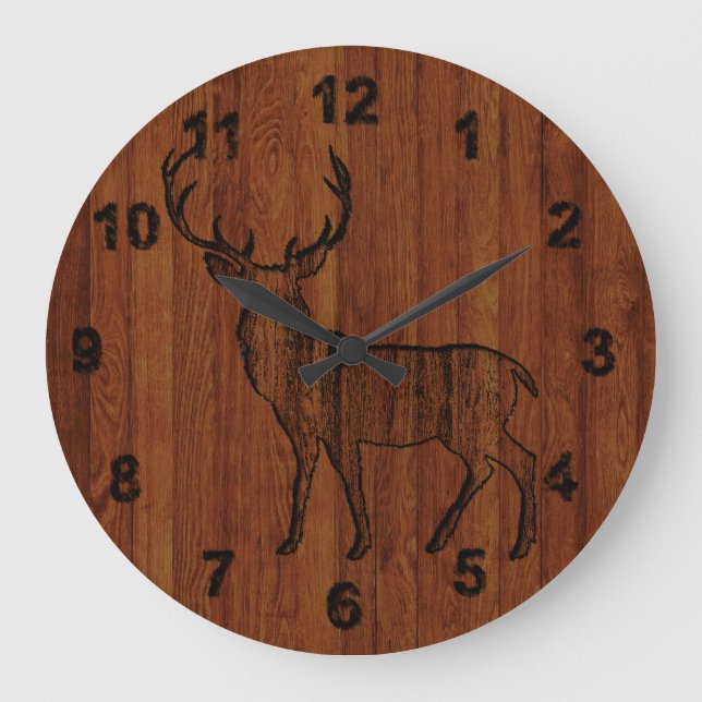 Grande Horloge Ronde Rustic Deer carved in wood Effect (Recto)