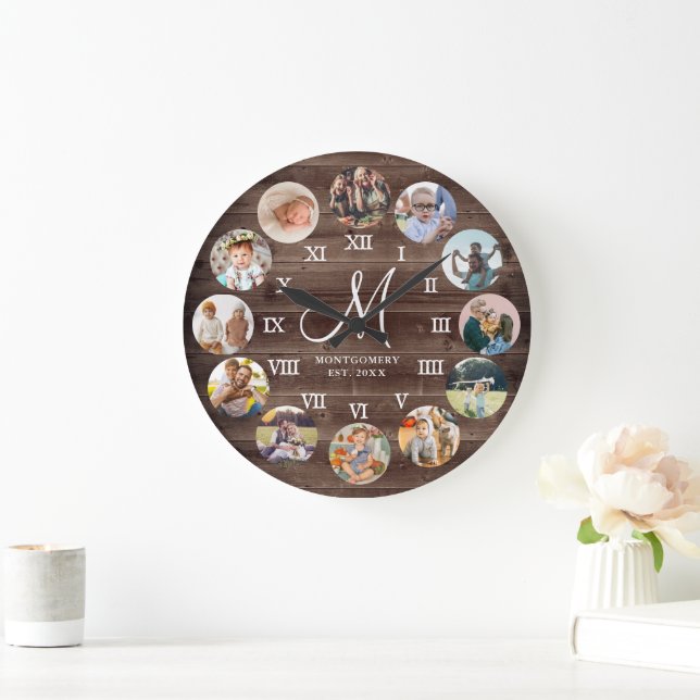 Grande Horloge Ronde Rustic Farmhouse Famille Photo Collage Monogramme (Maison)