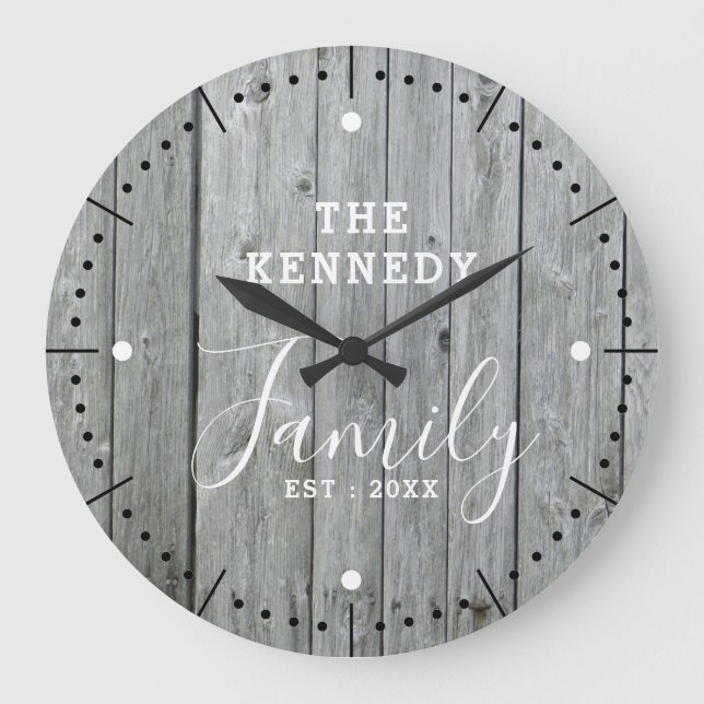 Grande Horloge Ronde Rustic Farmhouse Gray Wood Family Nom Large Clock (Recto)